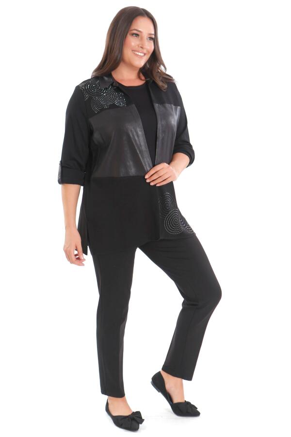 Büyük Beden Taş Baskılı Derili Garnili Siyah İkili Takım - 5