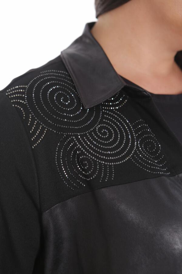 Büyük Beden Taş Baskılı Derili Garnili Siyah İkili Takım - 2