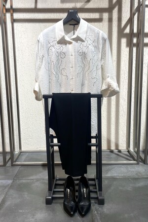 Angelino Büyük Beden Taş Baskılı Dokuma Ekru Gömlek - Angelino Moda