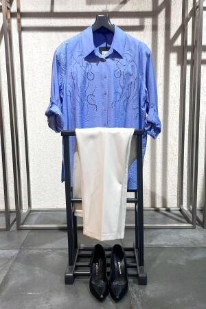 Angelino Büyük Beden Taş Baskılı Dokuma Mavi Gömlek - Angelino Moda