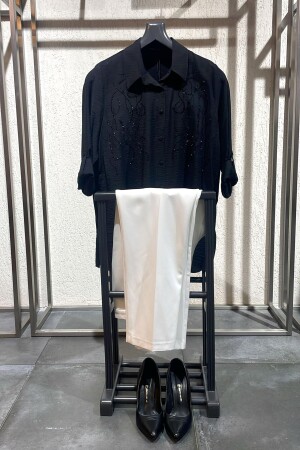 Angelino Büyük Beden Taş Baskılı Dokuma Siyah Gömlek - Angelino Moda