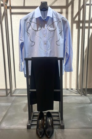 Angelino Büyük Beden Taş Baskılı Mavi Gömlek - Angelino Moda