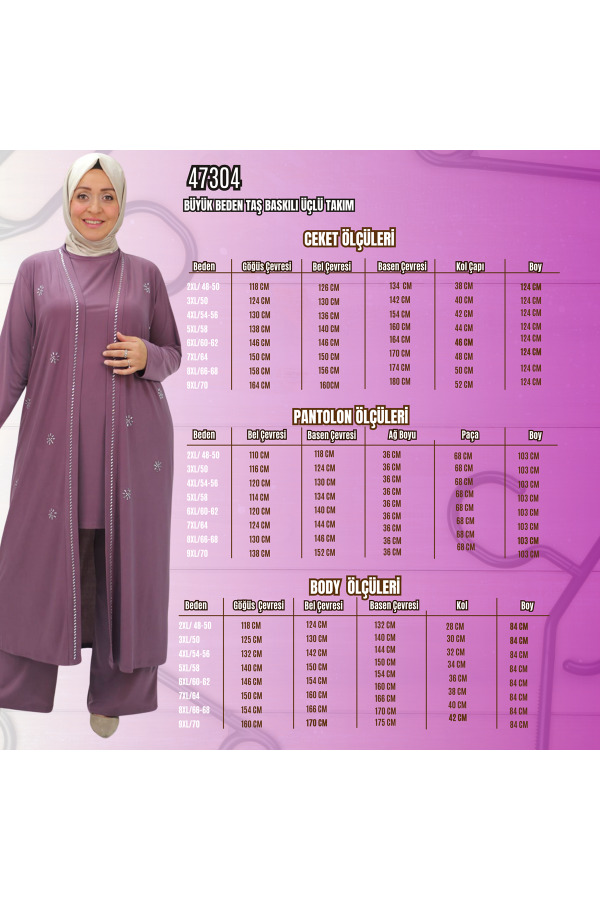 47304 Büyük Beden Taş Baskılı Sandy Takım - Lila - 2
