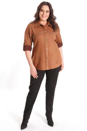 Büyük Beden Taş Baskılı Süet Camel Gömlek - Angelino Moda (1)
