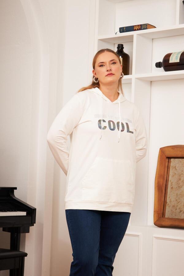 Büyük Beden Taş Baskılı Sweatshirt Ekru - 3