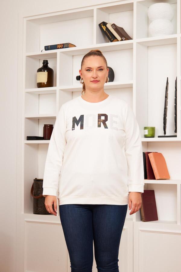 Büyük Beden Taş Baskılı Sweatshirt Ekru - 1