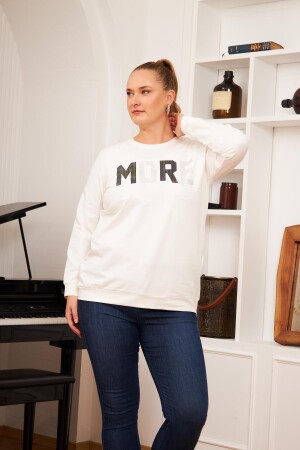 Büyük Beden Taş Baskılı Sweatshirt Ekru - 3