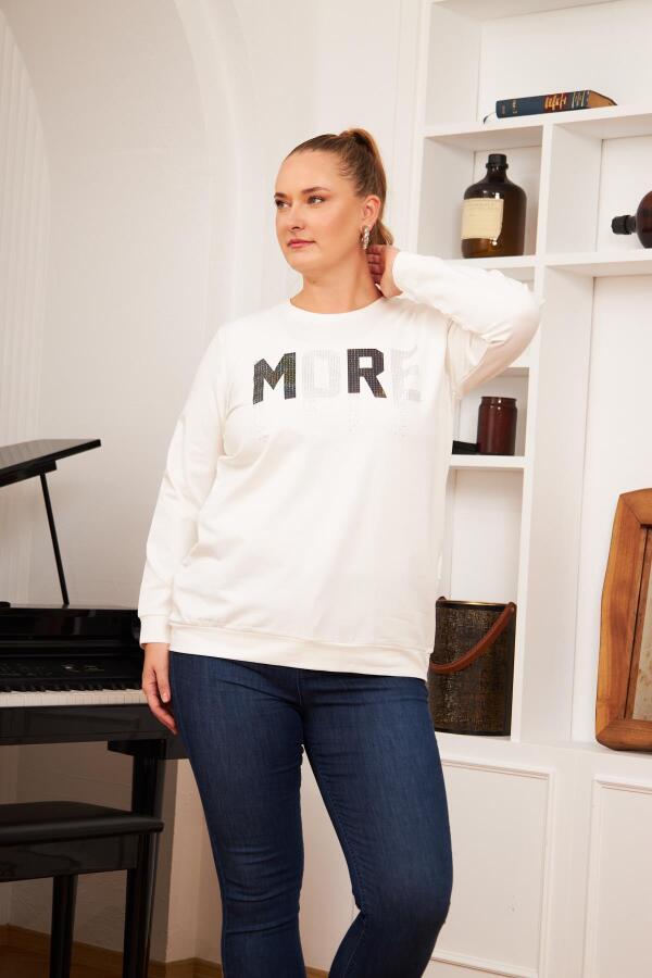 Büyük Beden Taş Baskılı Sweatshirt Ekru - 3