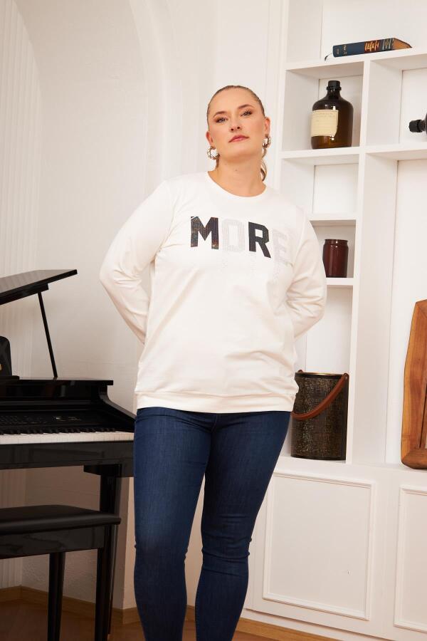 Büyük Beden Taş Baskılı Sweatshirt Ekru - 5
