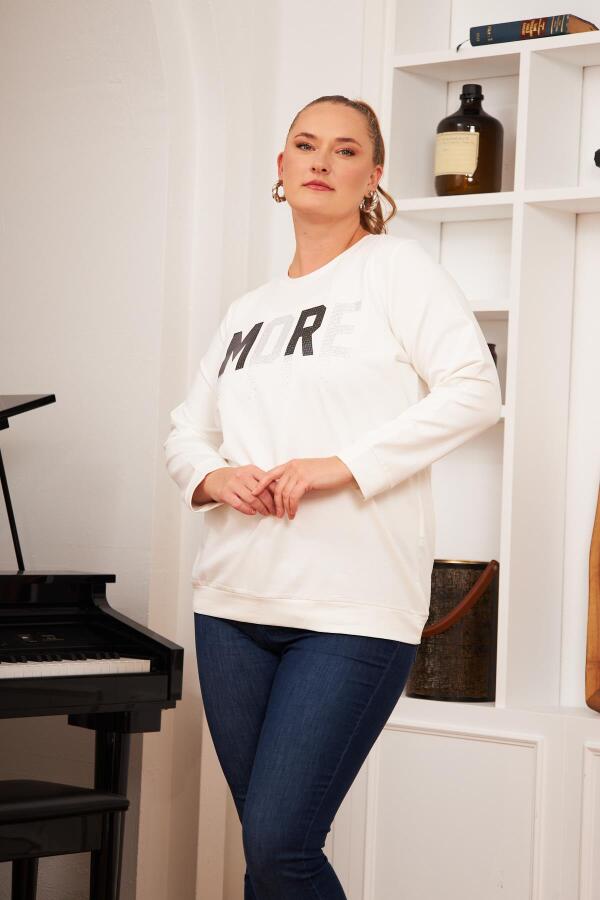 Büyük Beden Taş Baskılı Sweatshirt Ekru - 4