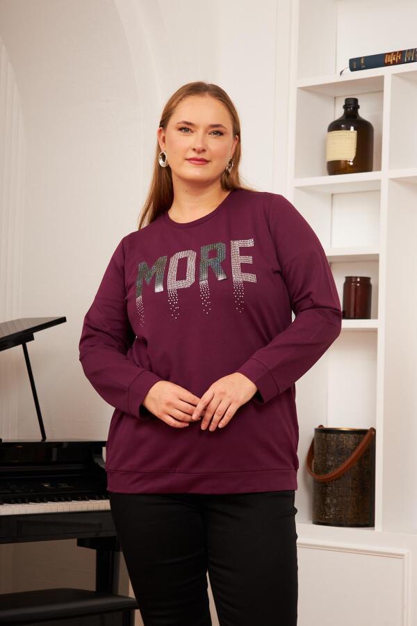 Büyük Beden Taş Baskılı Sweatshirt K.Mor - 1