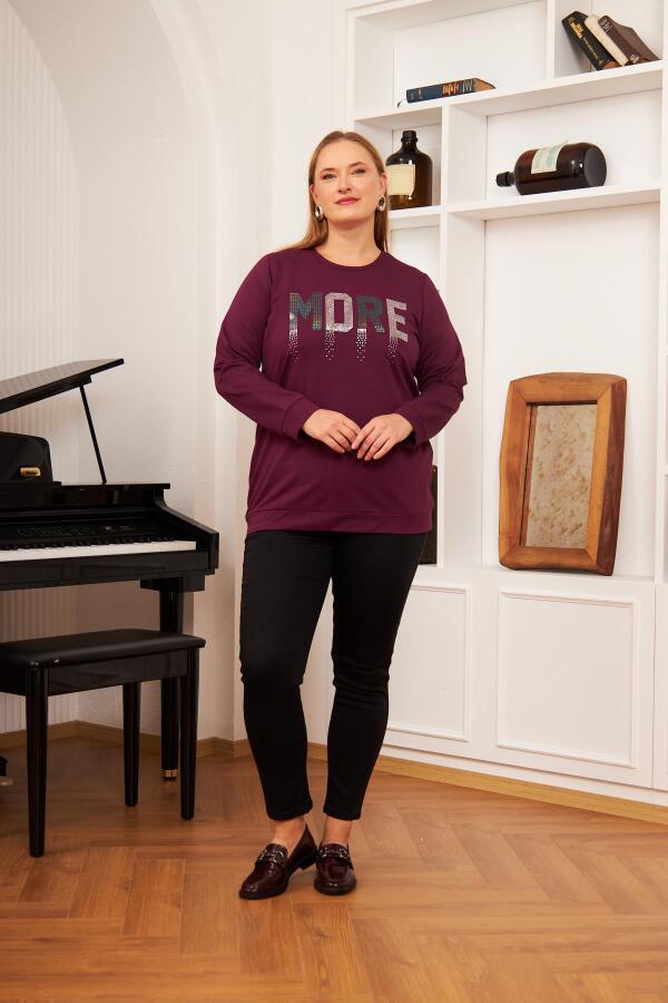 Büyük Beden Taş Baskılı Sweatshirt K.Mor - 4