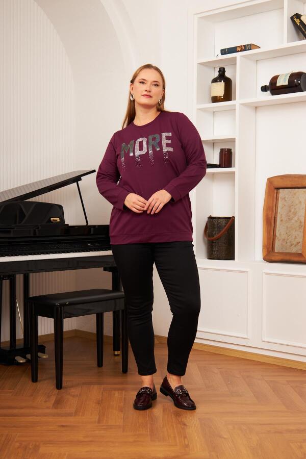Büyük Beden Taş Baskılı Sweatshirt K.Mor - 5