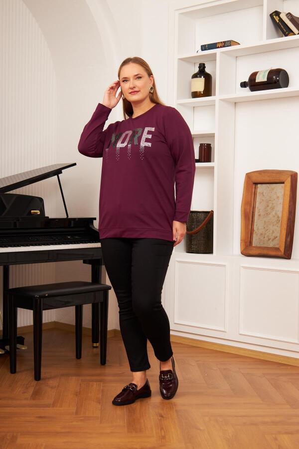 Büyük Beden Taş Baskılı Sweatshirt K.Mor - 6