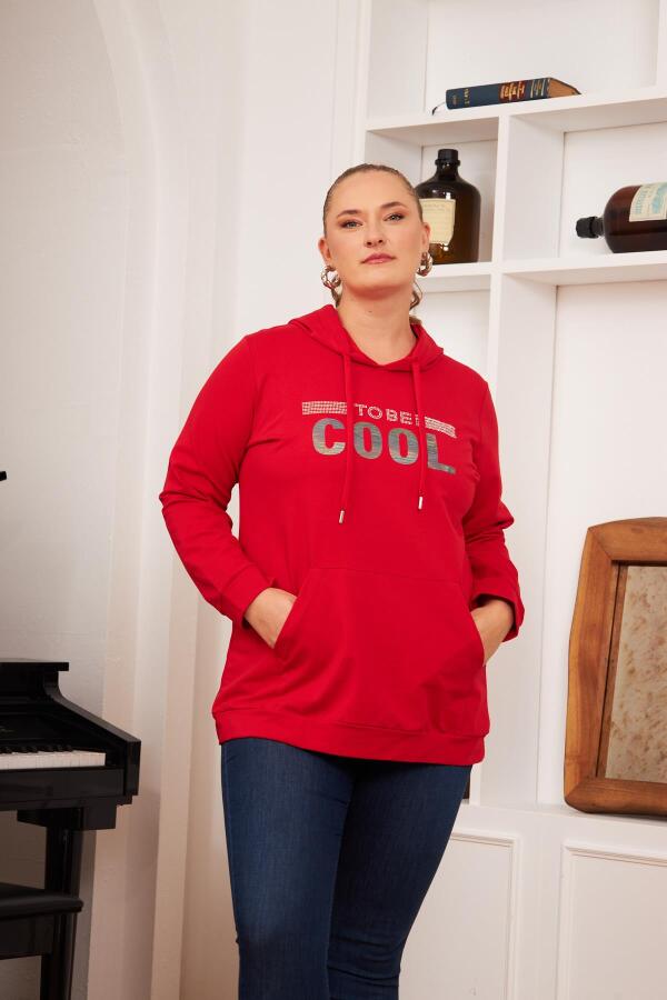 Büyük Beden Taş Baskılı Sweatshirt Kırmızı - 1