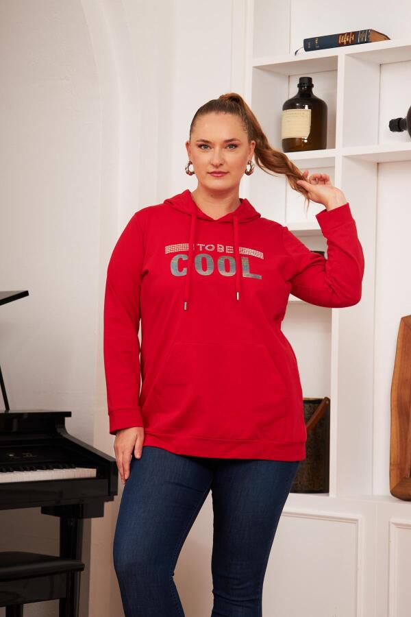 Büyük Beden Taş Baskılı Sweatshirt Kırmızı - 2
