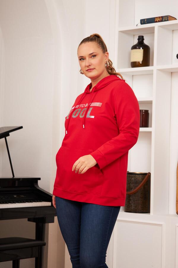 Büyük Beden Taş Baskılı Sweatshirt Kırmızı - 3