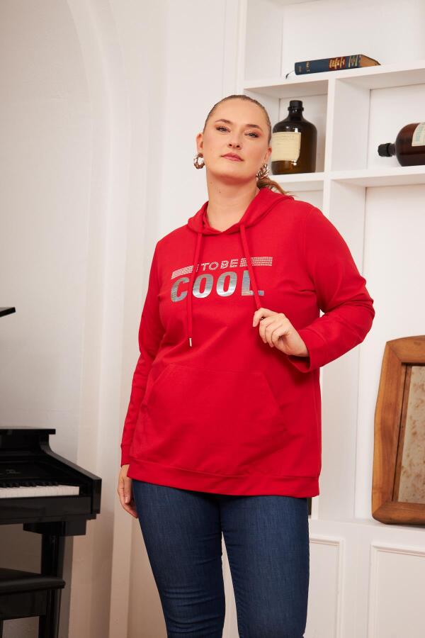 Büyük Beden Taş Baskılı Sweatshirt Kırmızı - 4