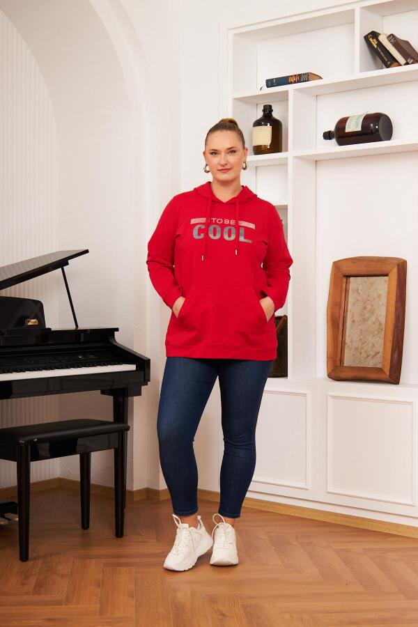 Büyük Beden Taş Baskılı Sweatshirt Kırmızı - 5
