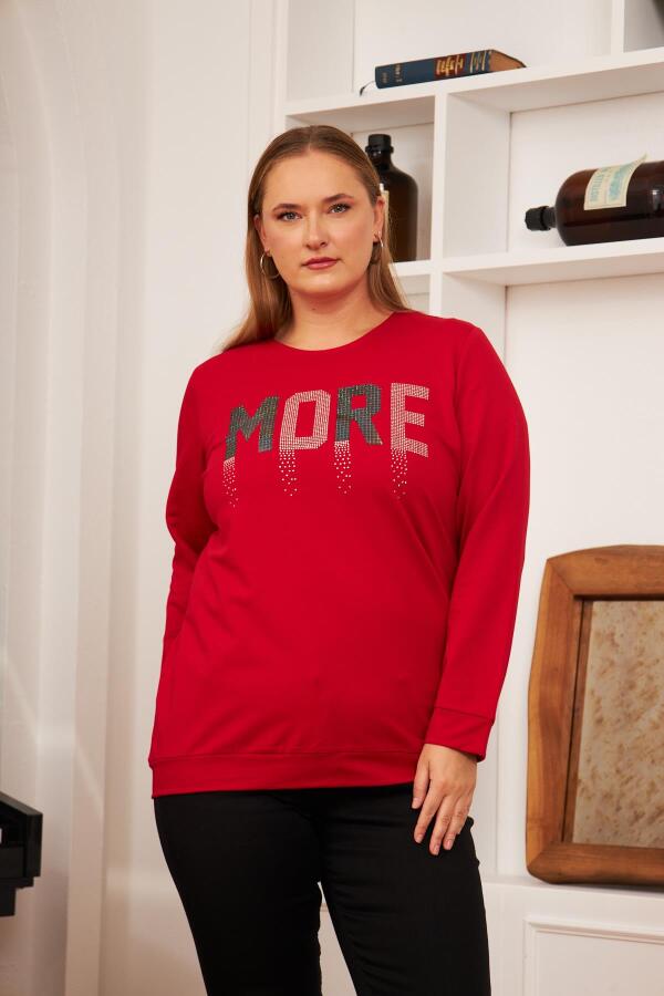 Büyük Beden Taş Baskılı Sweatshirt Kırmızı - 1