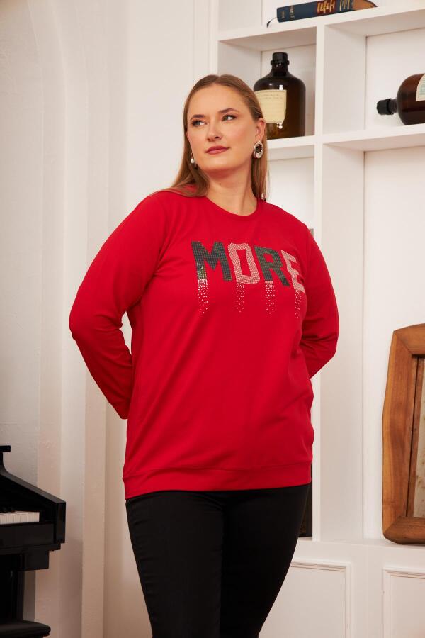 Büyük Beden Taş Baskılı Sweatshirt Kırmızı - 3
