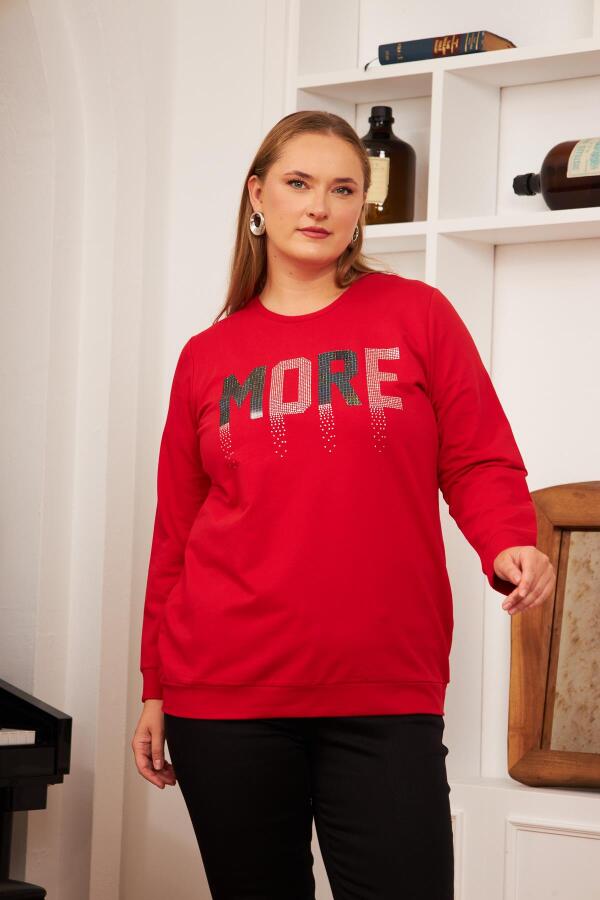 Büyük Beden Taş Baskılı Sweatshirt Kırmızı - 4