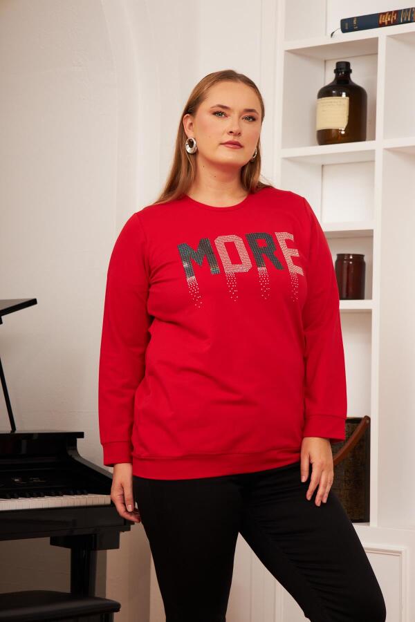 Büyük Beden Taş Baskılı Sweatshirt Kırmızı - 5