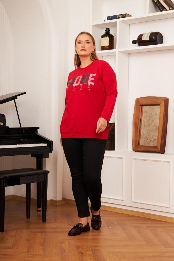 Büyük Beden Taş Baskılı Sweatshirt Kırmızı - 6
