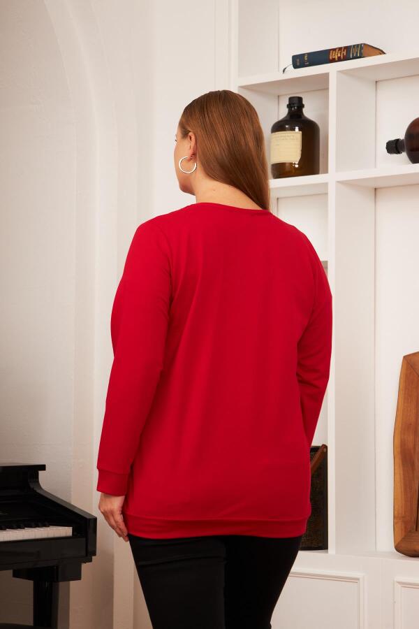 Büyük Beden Taş Baskılı Sweatshirt Kırmızı - 7