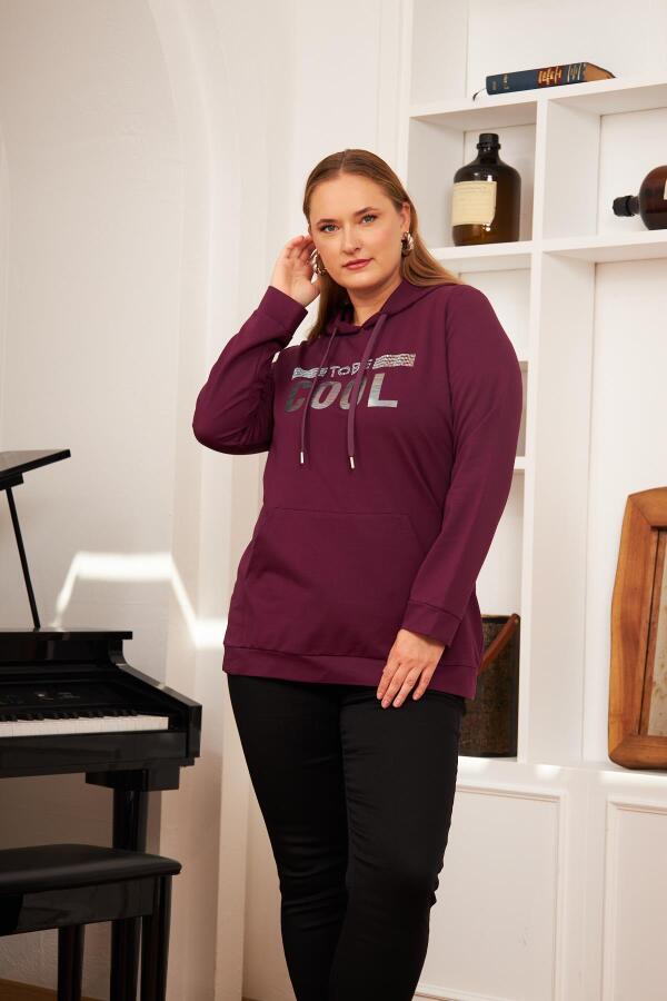Büyük Beden Taş Baskılı Sweatshirt Koyu Mor - 3
