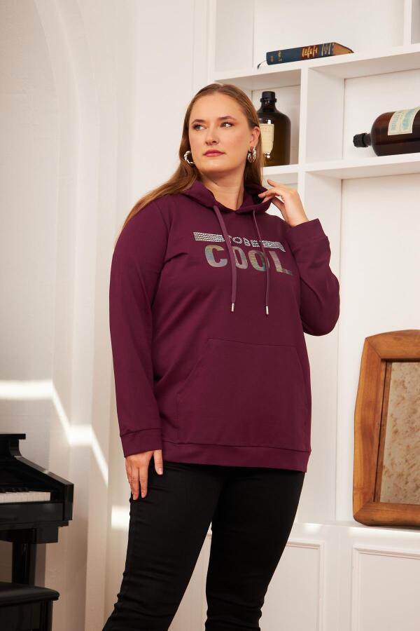 Büyük Beden Taş Baskılı Sweatshirt Koyu Mor - 4