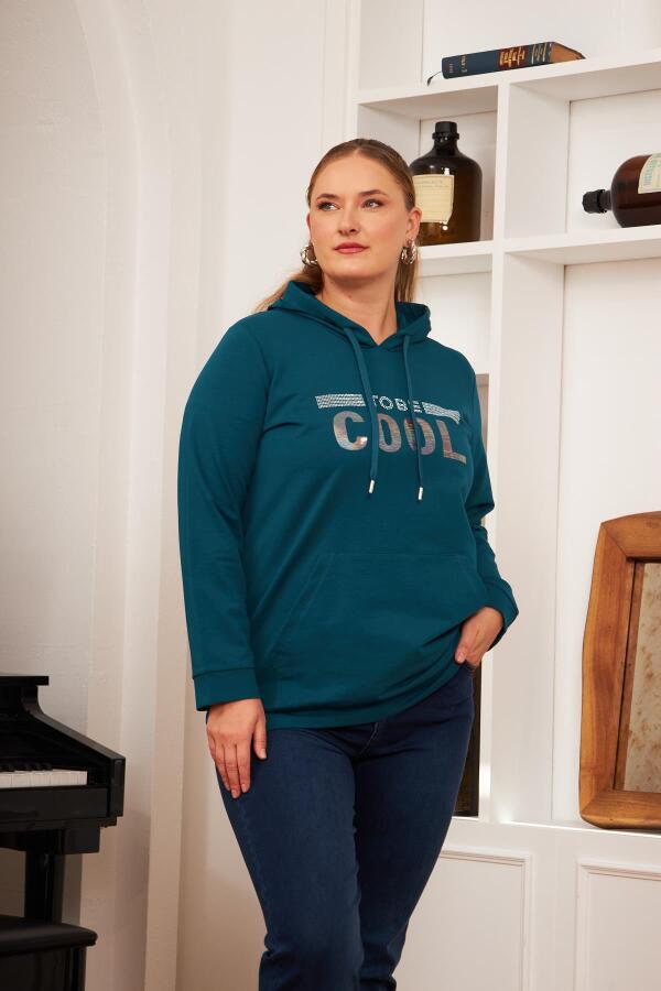 Büyük Beden Taş Baskılı Sweatshirt Koyu Petrol - 2