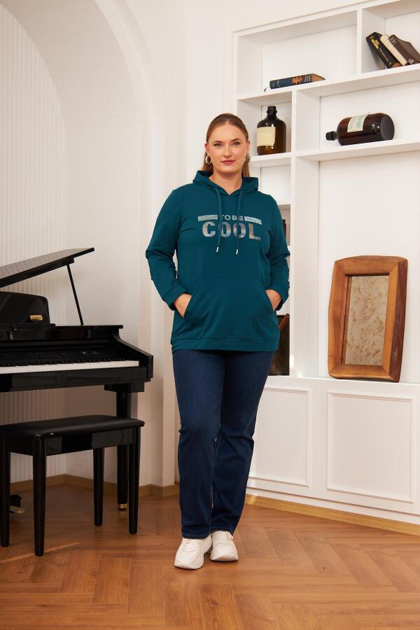 Büyük Beden Taş Baskılı Sweatshirt Koyu Petrol - 5