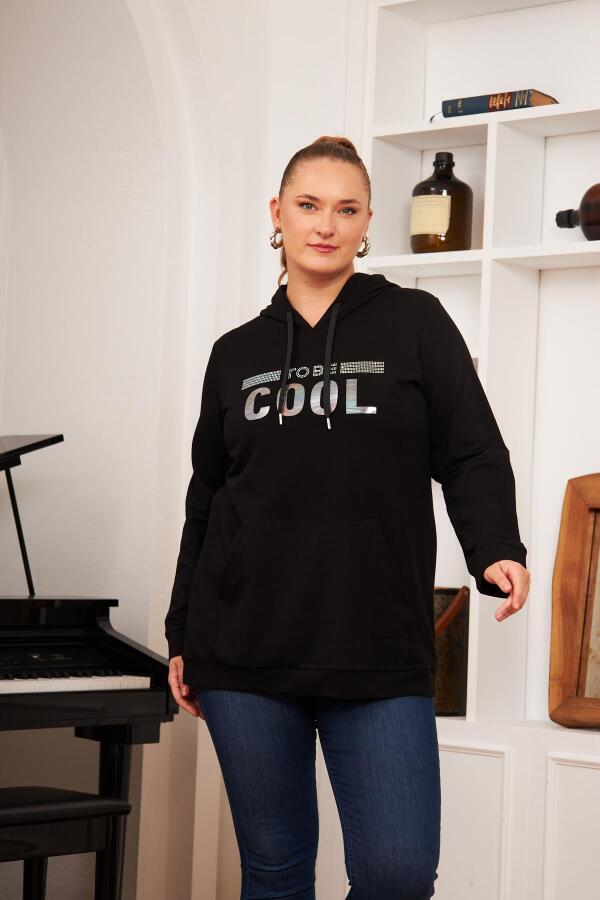 Büyük Beden Taş Baskılı Sweatshirt Koyu Siyah - 1