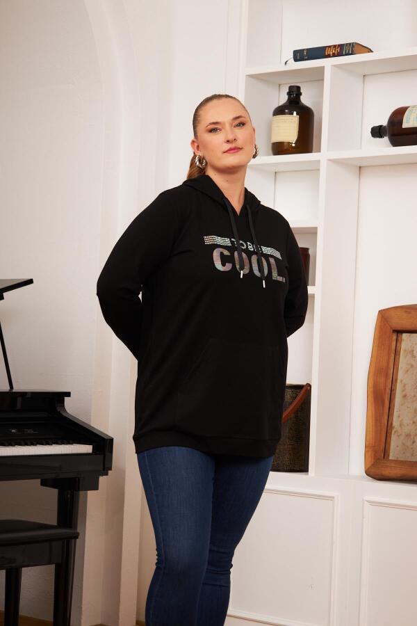 Büyük Beden Taş Baskılı Sweatshirt Koyu Siyah - 3