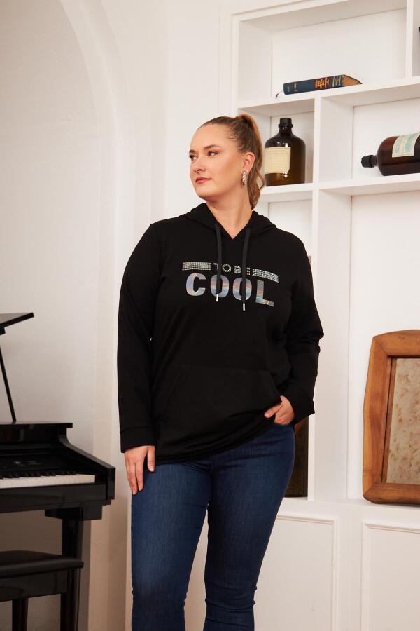 Büyük Beden Taş Baskılı Sweatshirt Koyu Siyah - 4