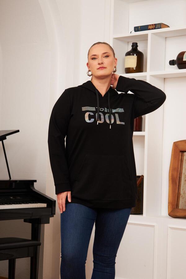 Büyük Beden Taş Baskılı Sweatshirt Koyu Siyah - 5