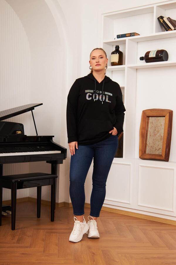 Büyük Beden Taş Baskılı Sweatshirt Koyu Siyah - 6