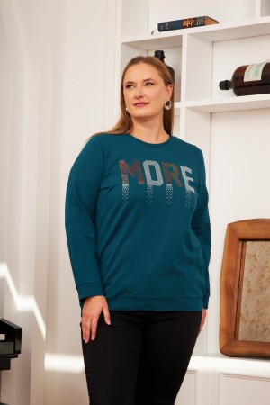 Büyük Beden Taş Baskılı Sweatshirt Petrol - 1
