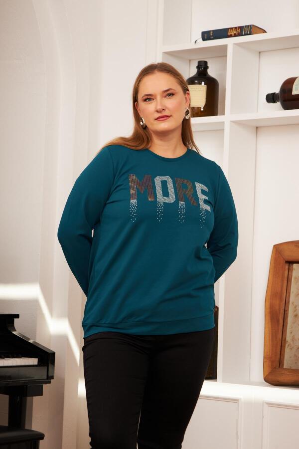 Büyük Beden Taş Baskılı Sweatshirt Petrol - 4