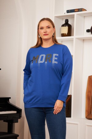 Büyük Beden Taş Baskılı Sweatshirt Saks. - 1