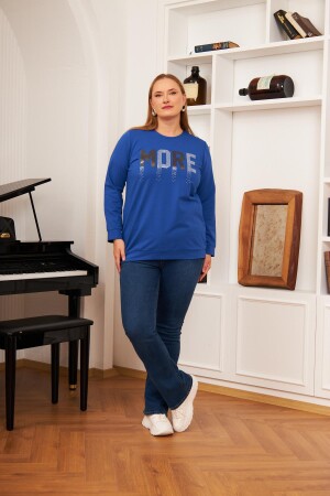 Büyük Beden Taş Baskılı Sweatshirt Saks. - 4