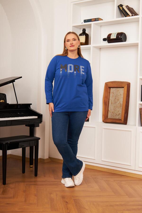 Büyük Beden Taş Baskılı Sweatshirt Saks. - 4