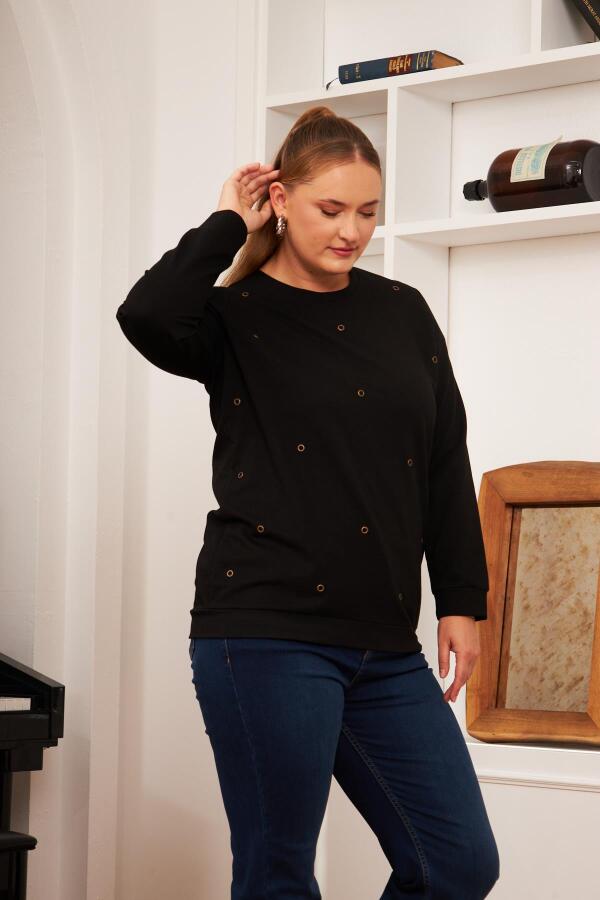 Büyük Beden Taş Baskılı Sweatshirt Siyah - 3