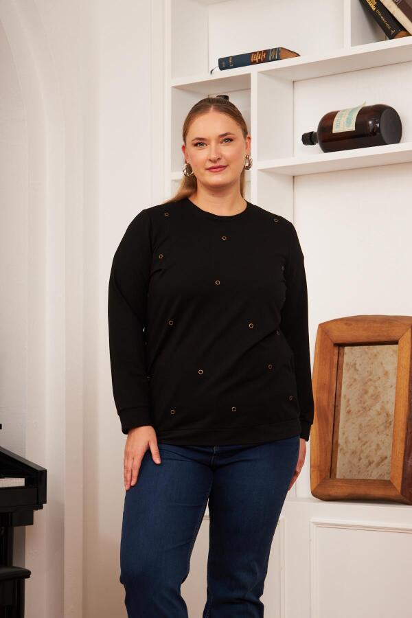 Büyük Beden Taş Baskılı Sweatshirt Siyah - 4