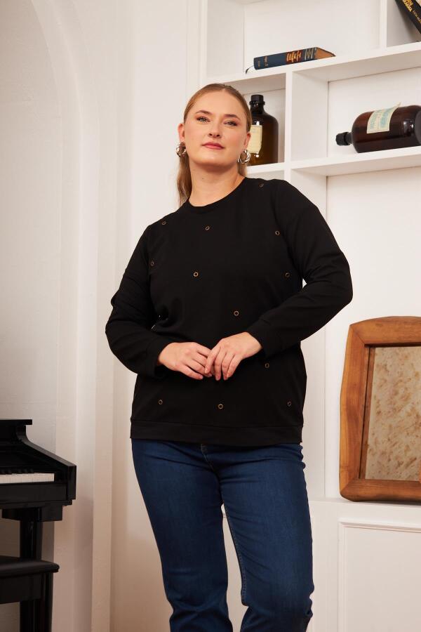 Büyük Beden Taş Baskılı Sweatshirt Siyah - 5
