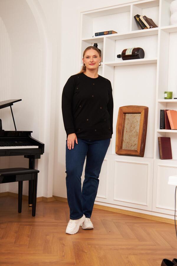 Büyük Beden Taş Baskılı Sweatshirt Siyah - 6