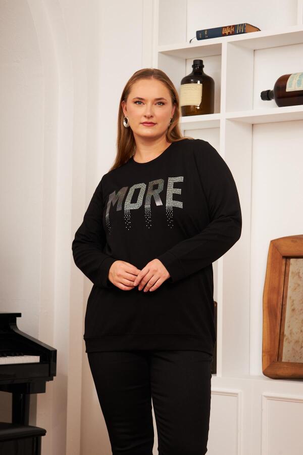 Büyük Beden Taş Baskılı Sweatshirt Siyah - 2
