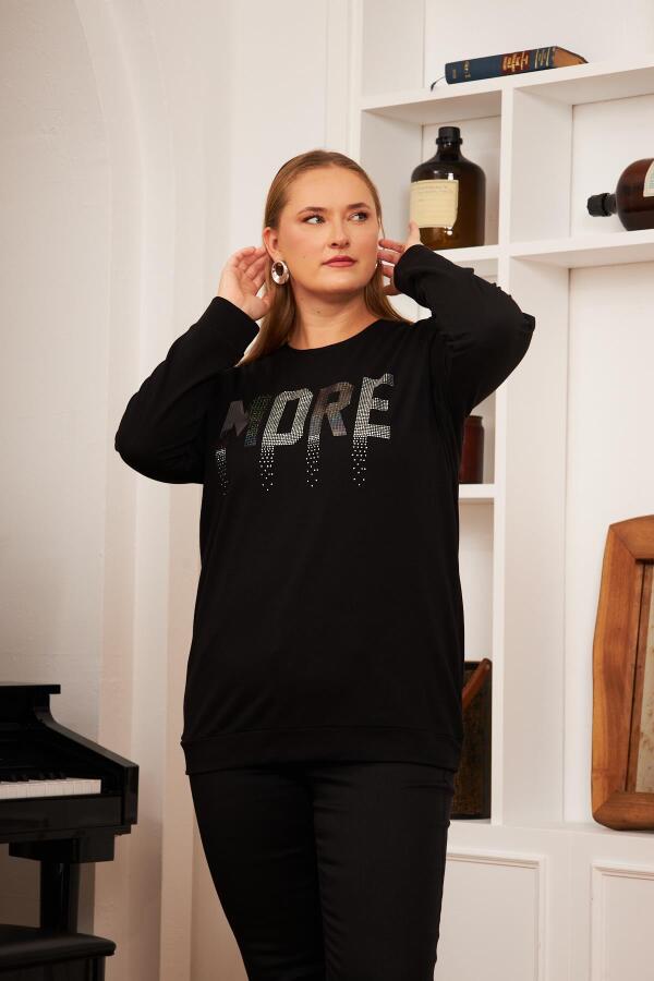 Büyük Beden Taş Baskılı Sweatshirt Siyah - 3