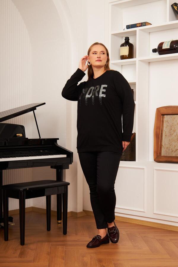 Büyük Beden Taş Baskılı Sweatshirt Siyah - 6